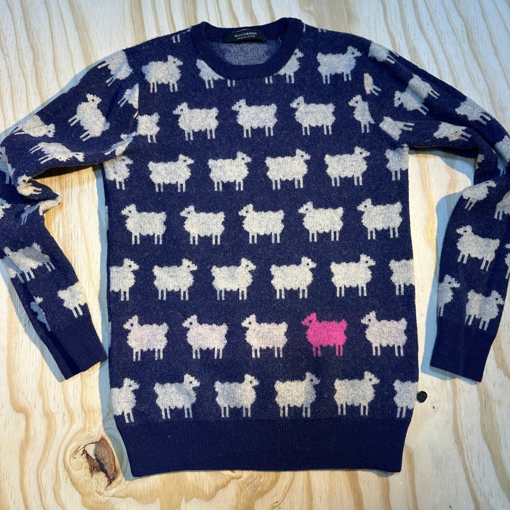Scotch & SodaBlue Sheep Intarsia Crewneck Sweater Small Pink Sheep Accent